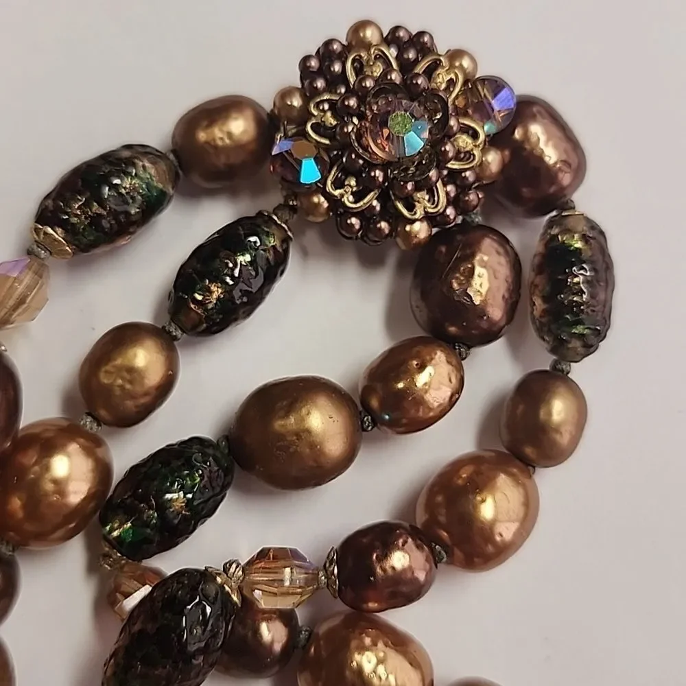 Vintage Gold and Brown Beaded Necklace Cool Glass Beads - Picture 2 of 8
